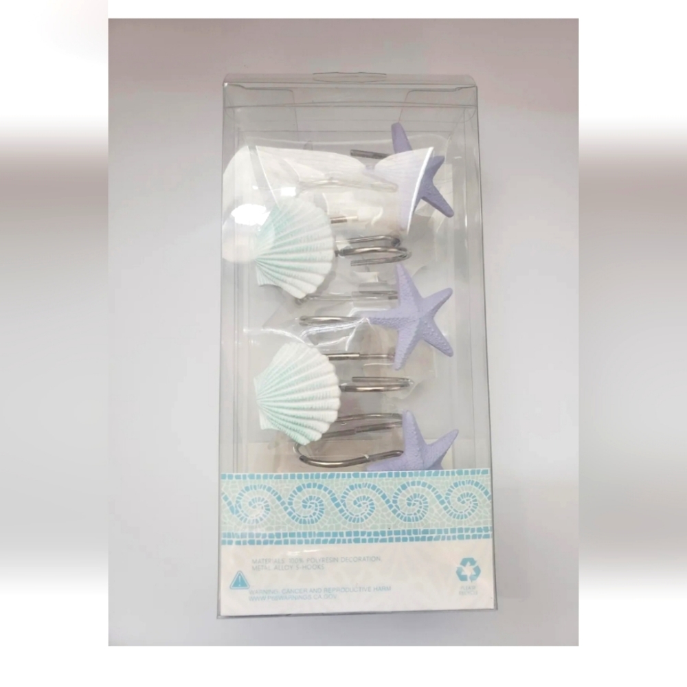 12pc COASTAL Decorative Shower Curtain Hooks STARFISH & SHELLS New